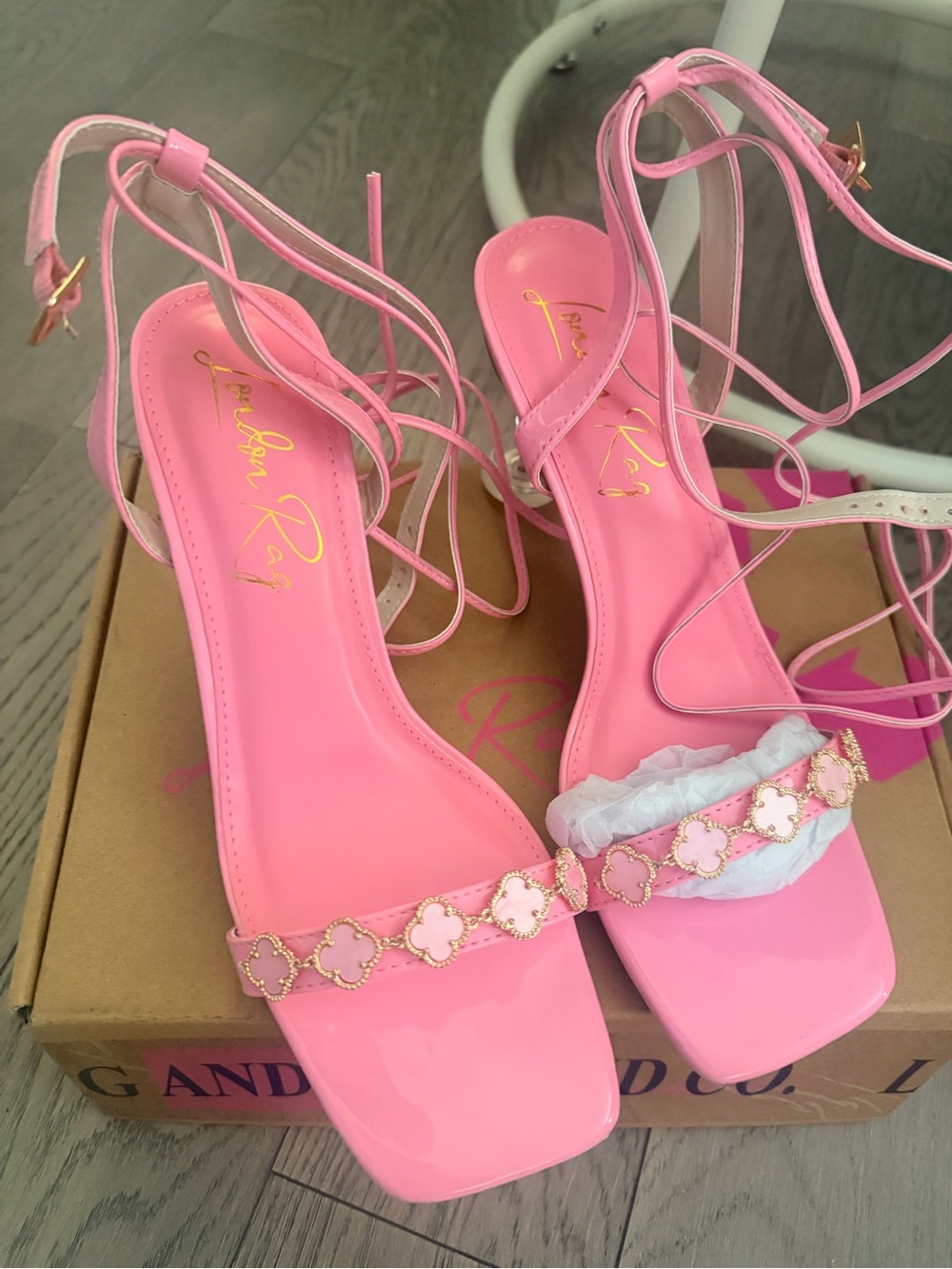 Pink Lace-Up Square Toe Heels with Chain Detail